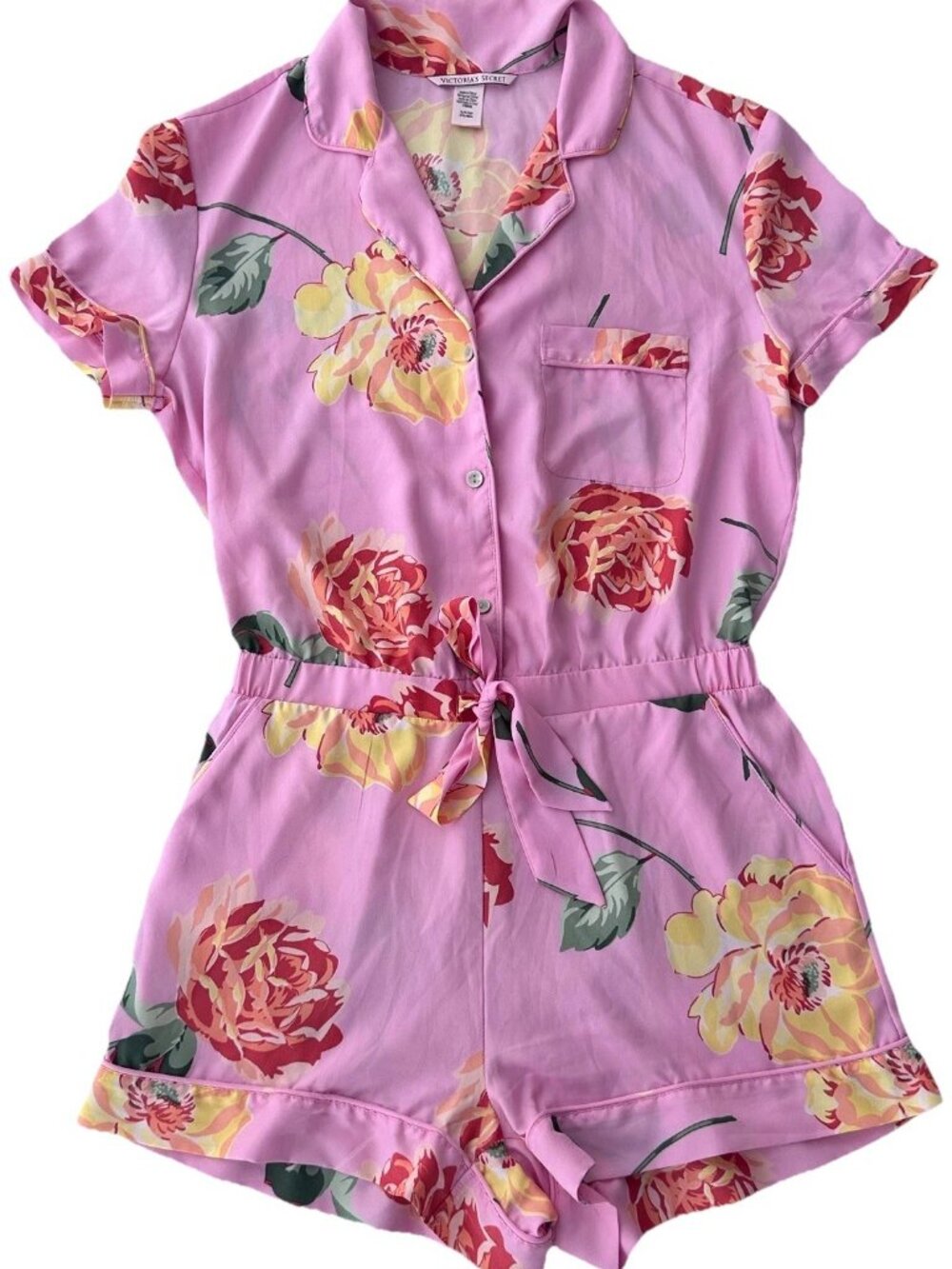 Victoria's Secret Multicolor Satin Floral Romper Womens Size S Short Sleeve